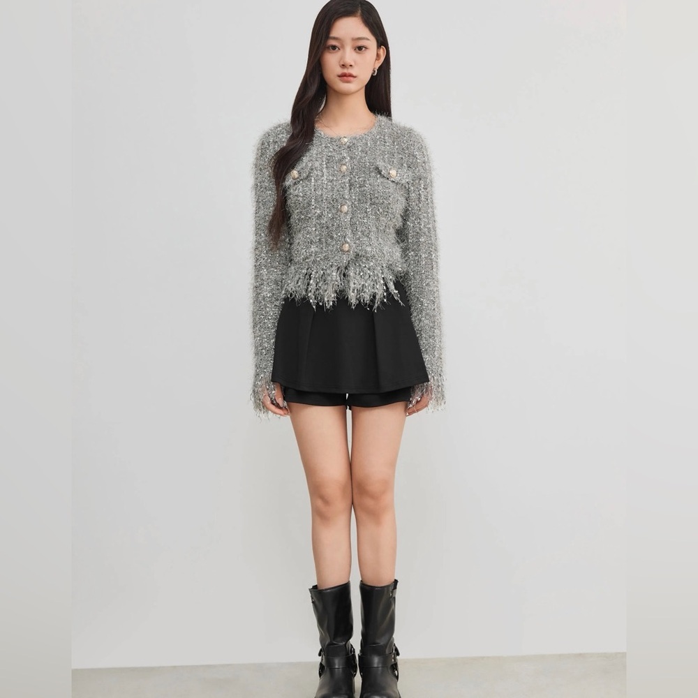 Cider FUZZY ROUND NECK BUTTON METALLIC KNITTED LONG SLEEVE CHIC CARDIGAN L CR1-5 - Picture 8 of 11